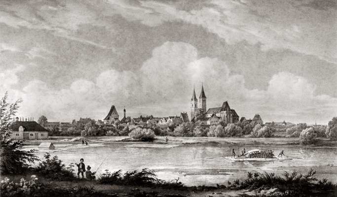 Moosburg von Osten, Lithographie um 1850