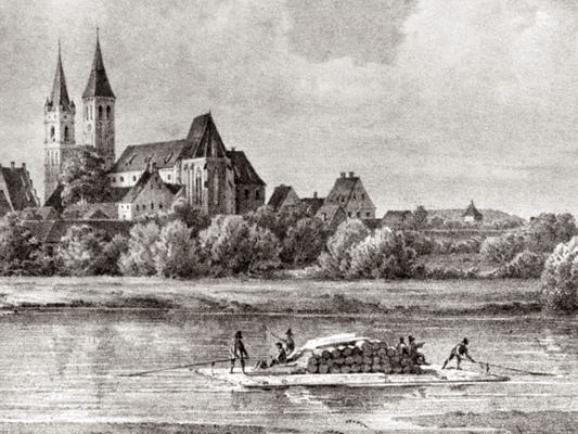 Fl��erei auf der Isar, Ausschnitt Lithographie um 1850