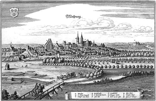 Moosburg von Osten 1640, Kupferstich von Matth�us Merian
