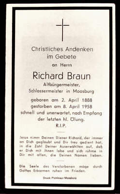 Sterbebildchen Richard Braun, 1. Brgermeister 1945 - 1956