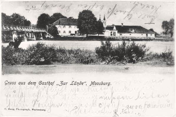 Moosburg Isarbr�cke mit Gasthof zur L�nde, Postkarte 1899