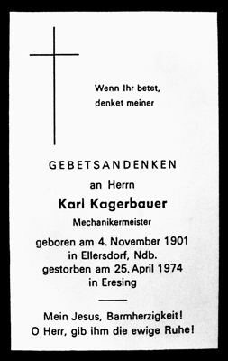 Sterbebildchen 1974 des im vorstehenden Zeitungsartikel genannten Karl Kagerbauer