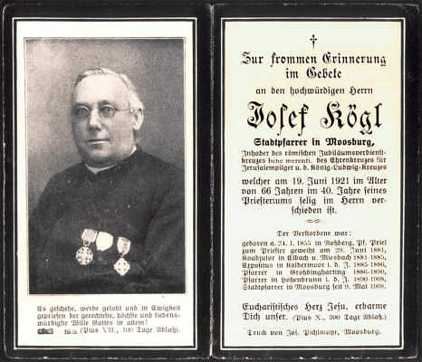 Moosburg, Sterbebildchen Stadtpfarrer Josef Kgl (*1855 +1921)