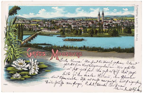 Postkarte 09.08.1900, Moosburg alte Isarbr�cke, Isar mit Flo�