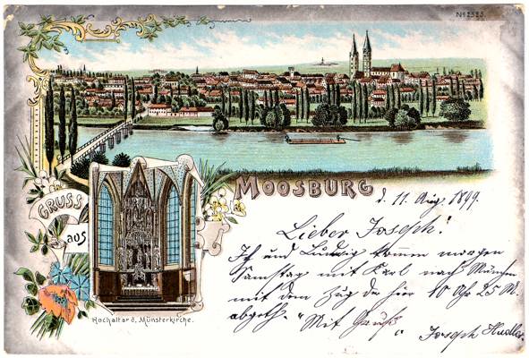 Gru� aus Moosburg, Isar und Hochaltar des M�nsters, Postkarte 11.08.1899