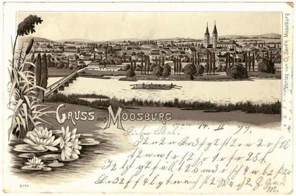 Gru� aus Moosburg, Isar mit Flo�, Postkarte 14.02.1899