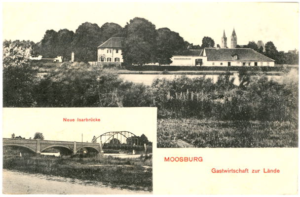 Moosburg, Neue Isarbr�cke und Gasthof zur L�nde, Postkarte 24.01.1915