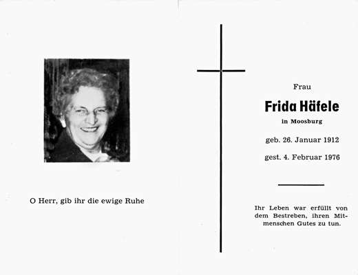 Sterbebildchen Frida Hfele, *26.01.1912 †04.02.1976