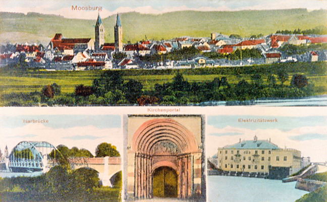Postkarte um 1910, Moosburg von Westen mit Isarbr�cke, Portal Kastulusm�nster und E-Werk