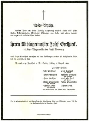 Todesanzeige Josef Gerlspeck 1938