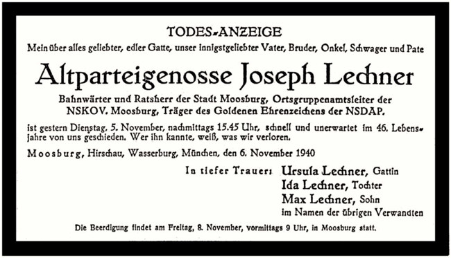 Moosburg, Todesanzeige Joseph Lechner, Bahnwrter und Stadtrat