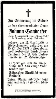 Sterbebildchen Johann Gandorfer, 1939