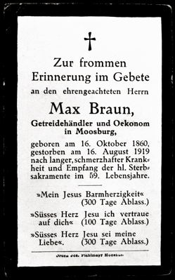 Moosburg, Sterbebildchen Max Braun, *16.10.1860 †16.08.1919