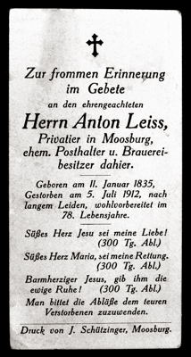 Moosburg, Sterbebildchen Anton Leiss, 1912