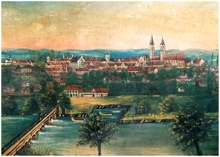 �lgem�lde Moosburg mit der h�lzernen Isarbr�cke um 1900