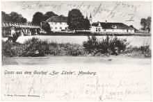 Moosburg Isarbrcke mit Gasthof zur Lnde, Postkarte 1899