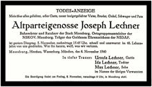 Moosburg, Josef Lechner, Bahnwrter und Stadtrat, Todesanzeige 1940