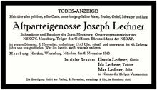 Moosburg, Josef Lechner, Bahnw�rter und Stadtrat, Todesanzeige 1940