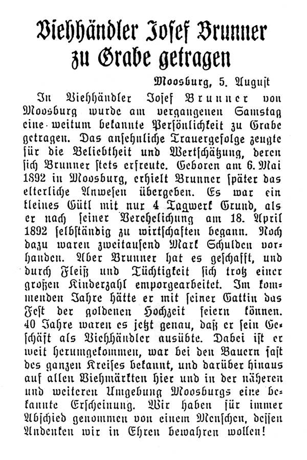Moosburger Zeitung 1940 zum Tode von Viehhändler Josef Brunner