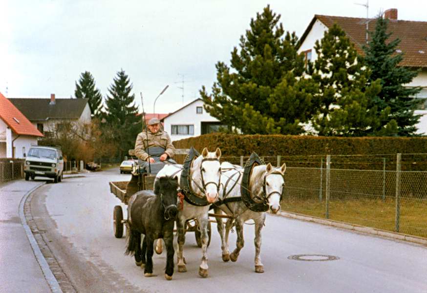 Moosburg Schwimmbadstrasse, Heinz Peuker mit seiner Kutsche um 1990
