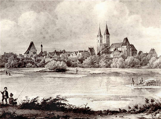 Moosburg von Osten, Lithographie um 1850