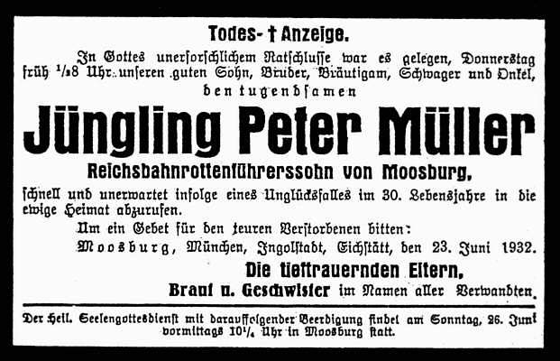 Moosburg, Todesanzeige Peter Mller 1932