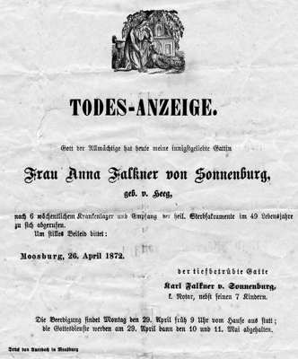 Todesanzeige Anna Falkner von Sonnenburg *1823 †1872