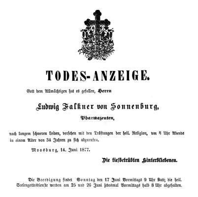Todesanzeige Ludwig Falkner von Sonnenburg *1843 †1877
