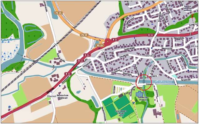 Ausschnitt Stadtplan mit Brcke des Mhlbachs ber den Kanal