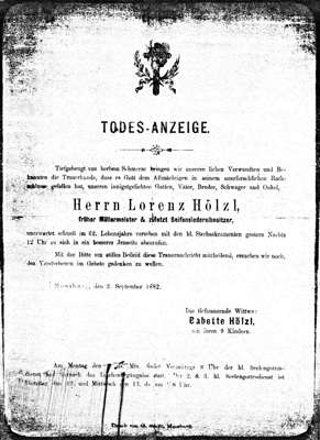 Todesanzeige Lorenz Hlzl *1820 †1882