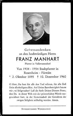 Sterbebildchen Pfarrer Franz Manhart
