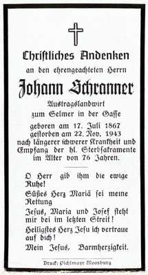Sterbebildchen Johann Schranner, *1867 1943