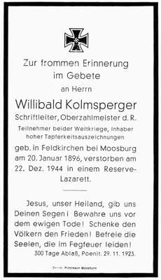 Sterbebildchen Willibald Kolmsperger, *1896 †1944