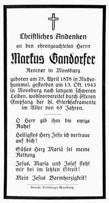 Sterbebildchen Markus Gandorfer, *1878 †1943
