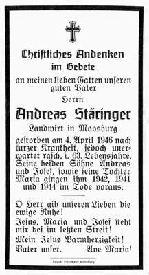Sterbebildchen Andreas Stringer, *1883 †1946