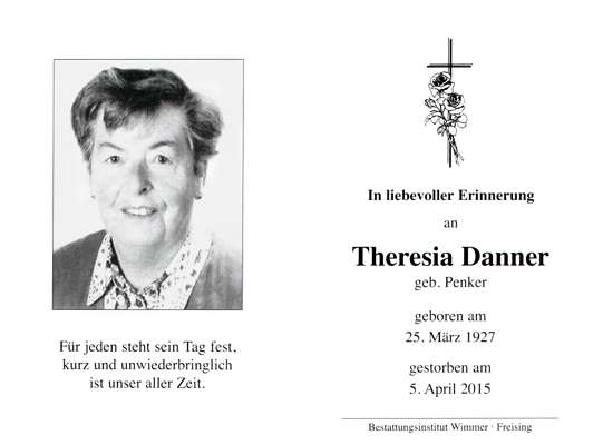 Sterbebildchen Theresia Danner, *1927 †2015