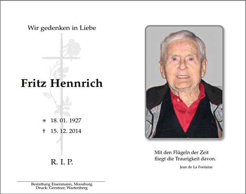 Sterbebildchen Fritz Hennrich, *1927 †2014