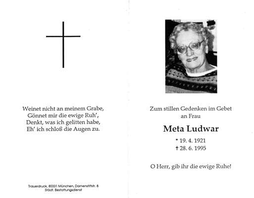 Sterbebildchen Meta Ludwar, *1921 †1995