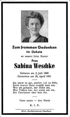 Sterbebildchen Sabina Weschke *1898 †1951