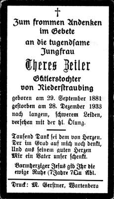 Sterbebildchen Theres Zeiler 1933