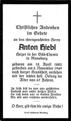 Sterbebildchen Anton Hiebl, 1949