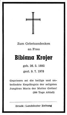 Sterbebildchen Bibiana Krojer, *1892 †1978