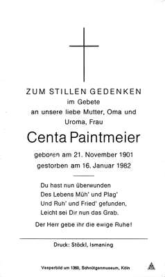 Sterbebildchen Centa Paintmeier, *1901 †1982