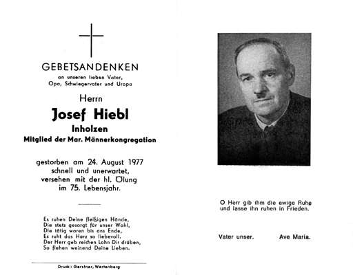 Sterbebildchen Josef Hiebl, *1902 †1977