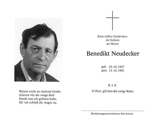 Sterbebildchen Benedikt Neudecker, *1937 †1991