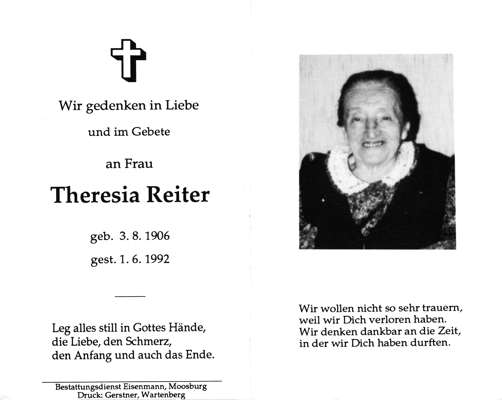 Sterbebildchen Theresia Reiter, *1906 †1992