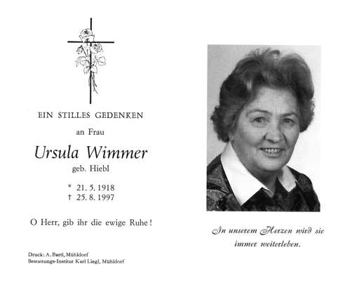 Sterbebildchen Ursula Wimmer, *1918 †1997