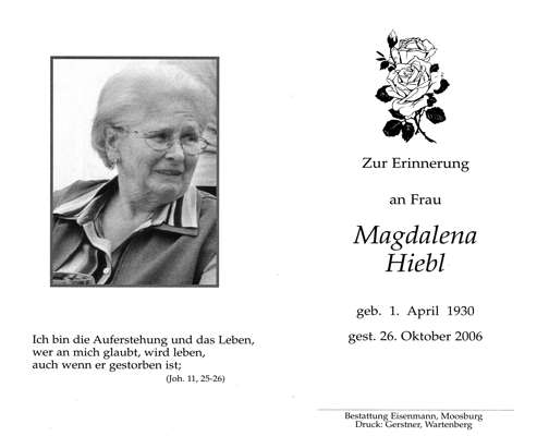Sterbebildchen Magdalena Hiebl *1930 †2006