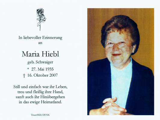 Sterbebildchen Maria Hiebl *1935 †2007