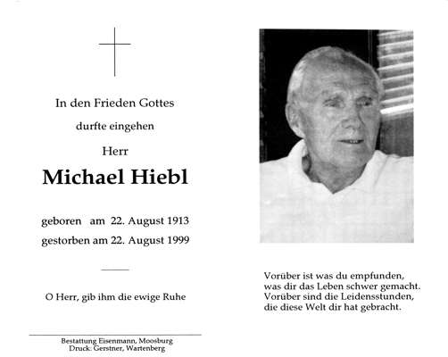 Sterbebildchen Michael Hiebl, *1913 †1999